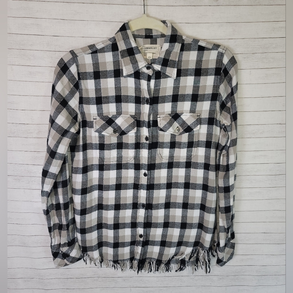 CURRENT/ELLIOTT PLAID BUTTON UP W FRINGE HEM DETAIL, SZ 0